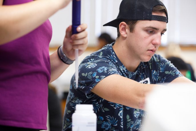 Two Albion College students working together in a lab