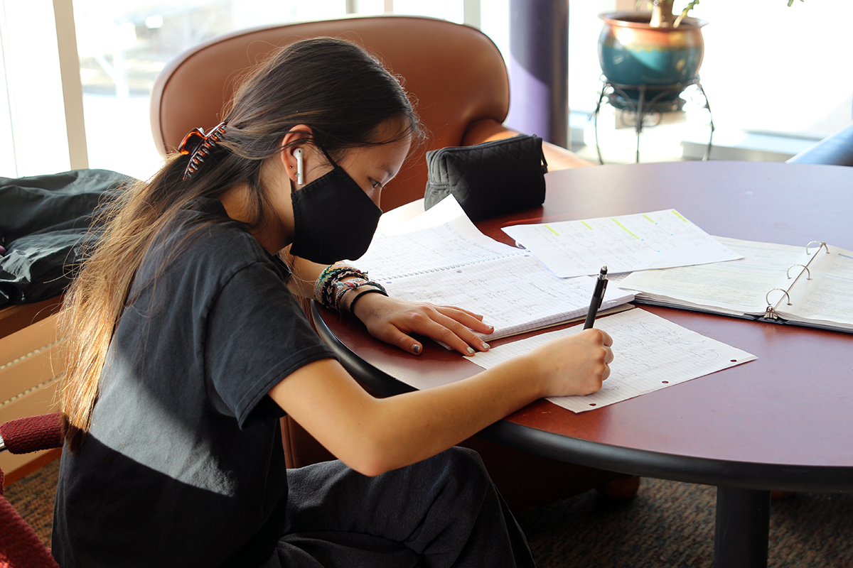 Albion College student working at a table