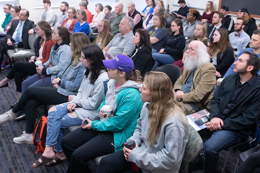 Attendees in Norris 104 during Albion College's Elkin R. Isaac Student Research Symposium