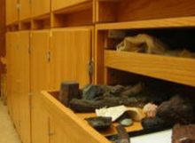 A cabinet with an open drawer full of rocks.