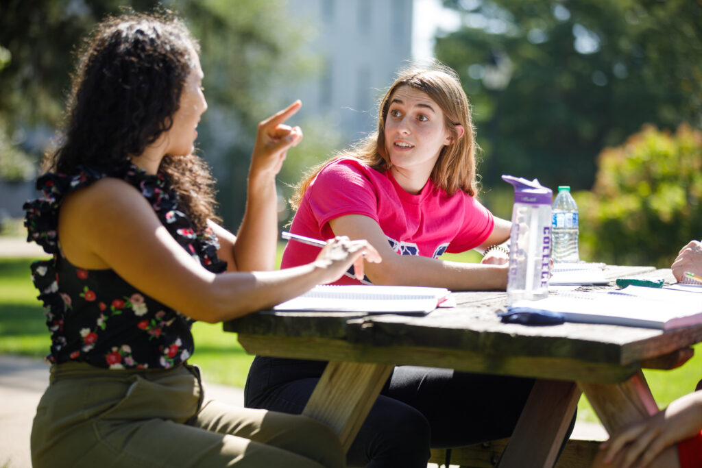 Two students studying at a picnic table.