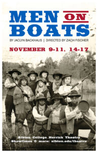 Cast members on a boat holding prop guns