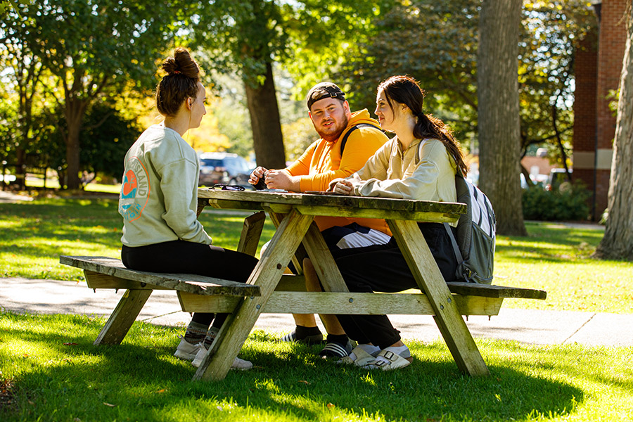 Albion College sit at a picnic bench on the Quad.