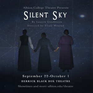 Three women hold hand facing a starry sky. 